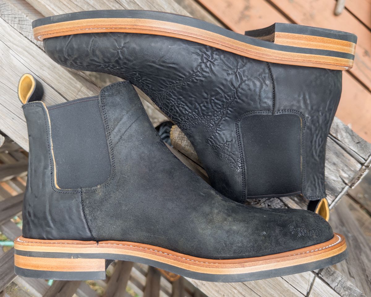 Photo by amaru_and_crow on September 30, 2025 of the Christian Daniel Fernando Chelsea in Maryam Hand Overdyed Mustard Horsebutt.