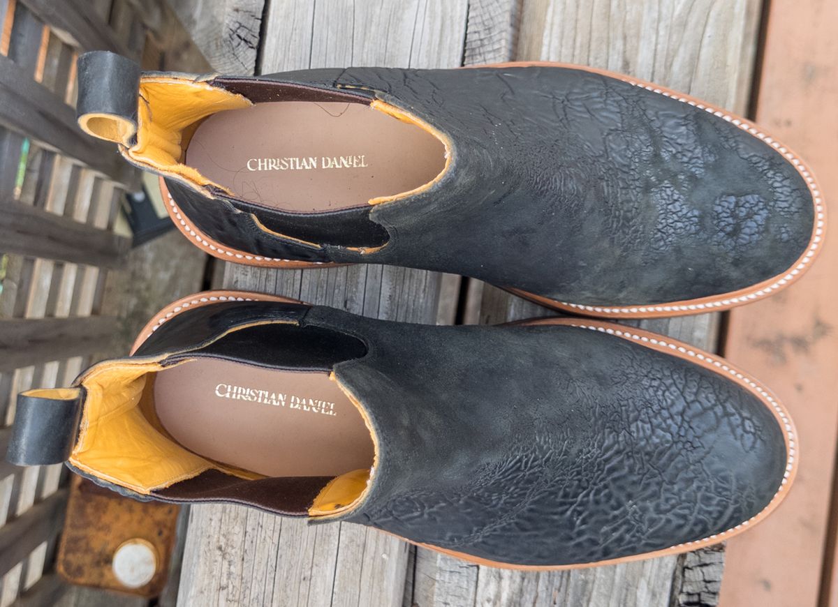 Photo by amaru_and_crow on September 30, 2025 of the Christian Daniel Fernando Chelsea in Maryam Hand Overdyed Mustard Horsebutt.