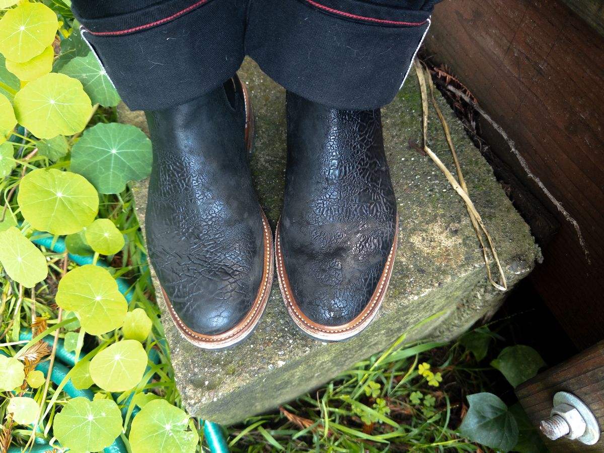 Photo by amaru_and_crow on November 20, 2025 of the Christian Daniel Fernando Chelsea in Maryam Hand Overdyed Mustard Horsebutt.