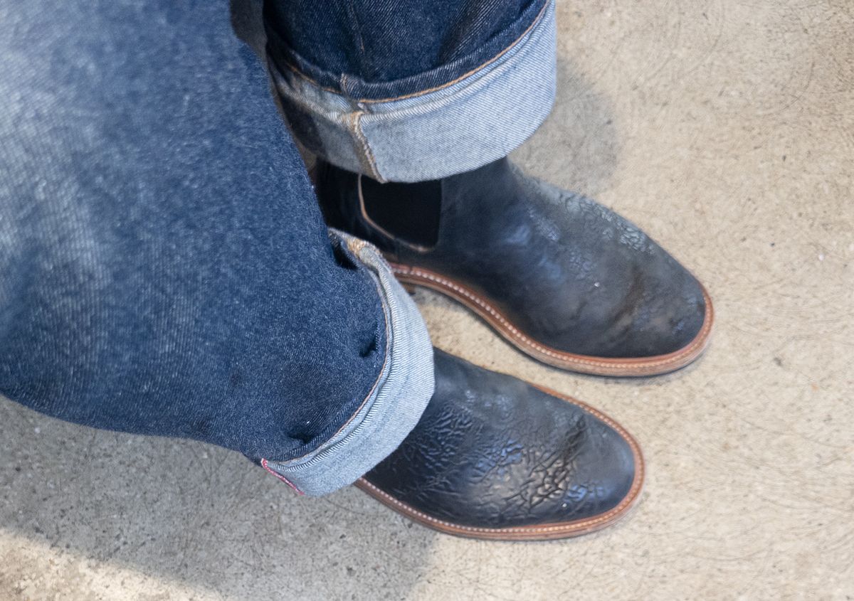 Photo by amaru_and_crow on November 30, 2025 of the Christian Daniel Fernando Chelsea in Maryam Hand Overdyed Mustard Horsebutt.