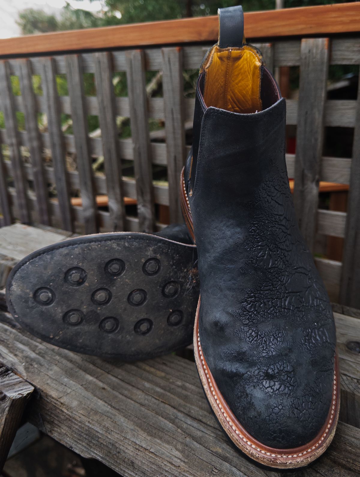 Photo by amaru_and_crow on December 3, 2025 of the Christian Daniel Fernando Chelsea in Maryam Hand Overdyed Mustard Horsebutt.