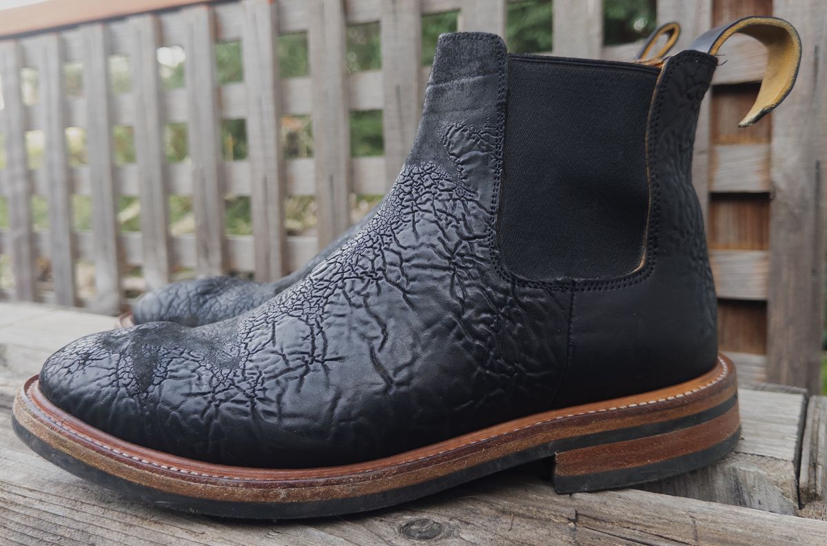 Photo by amaru_and_crow on December 2, 2025 of the Christian Daniel Fernando Chelsea in Maryam Hand Overdyed Mustard Horsebutt.