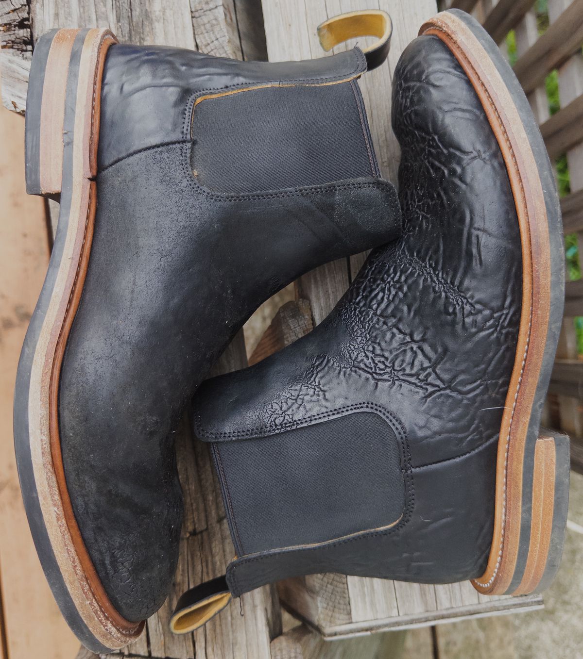 Photo by amaru_and_crow on December 2, 2025 of the Christian Daniel Fernando Chelsea in Maryam Hand Overdyed Mustard Horsebutt.