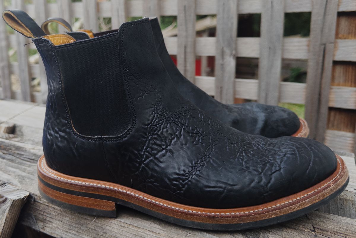 Photo by amaru_and_crow on December 2, 2025 of the Christian Daniel Fernando Chelsea in Maryam Hand Overdyed Mustard Horsebutt.