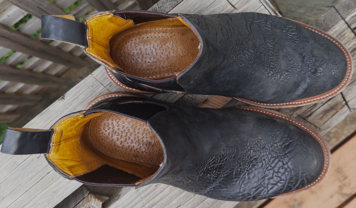 Photo by amaru_and_crow on December 2, 2025 of the Christian Daniel Fernando Chelsea in Maryam Hand Overdyed Mustard Horsebutt.