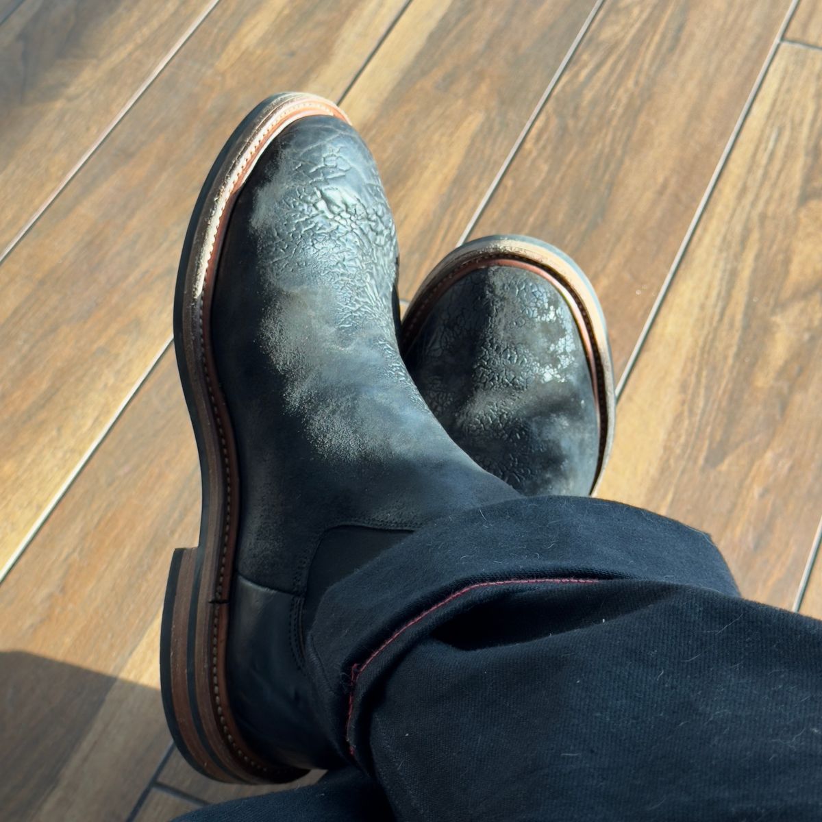 Photo by amaru_and_crow on January 17, 2026 of the Christian Daniel Fernando Chelsea in Maryam Hand Overdyed Mustard Horsebutt.