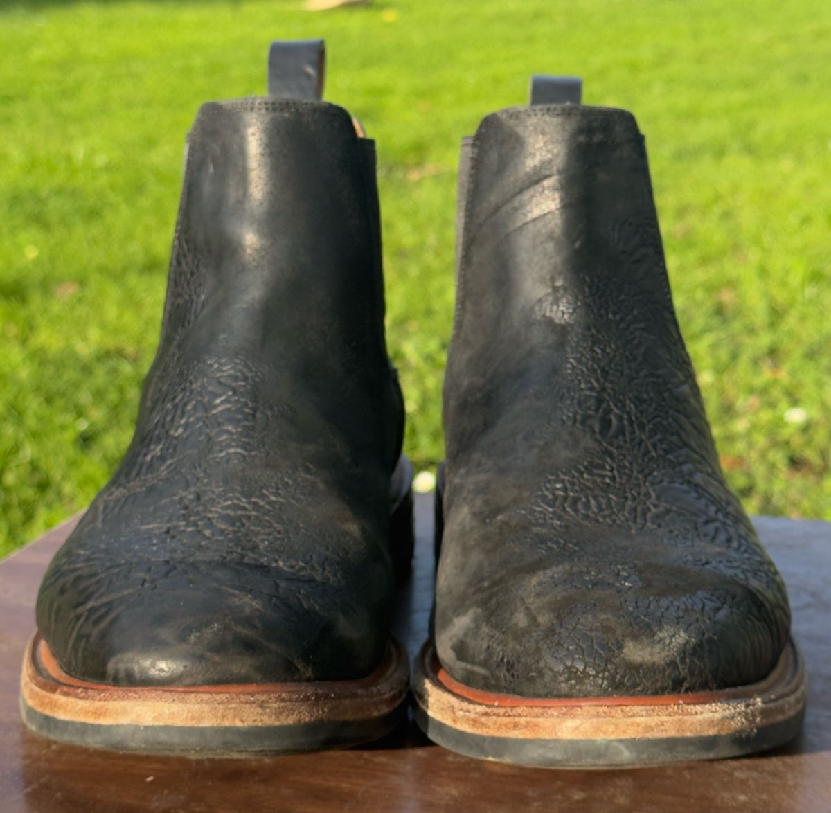 Photo by amaru_and_crow on February 5, 2026 of the Christian Daniel Fernando Chelsea in Maryam Hand Overdyed Mustard Horsebutt.