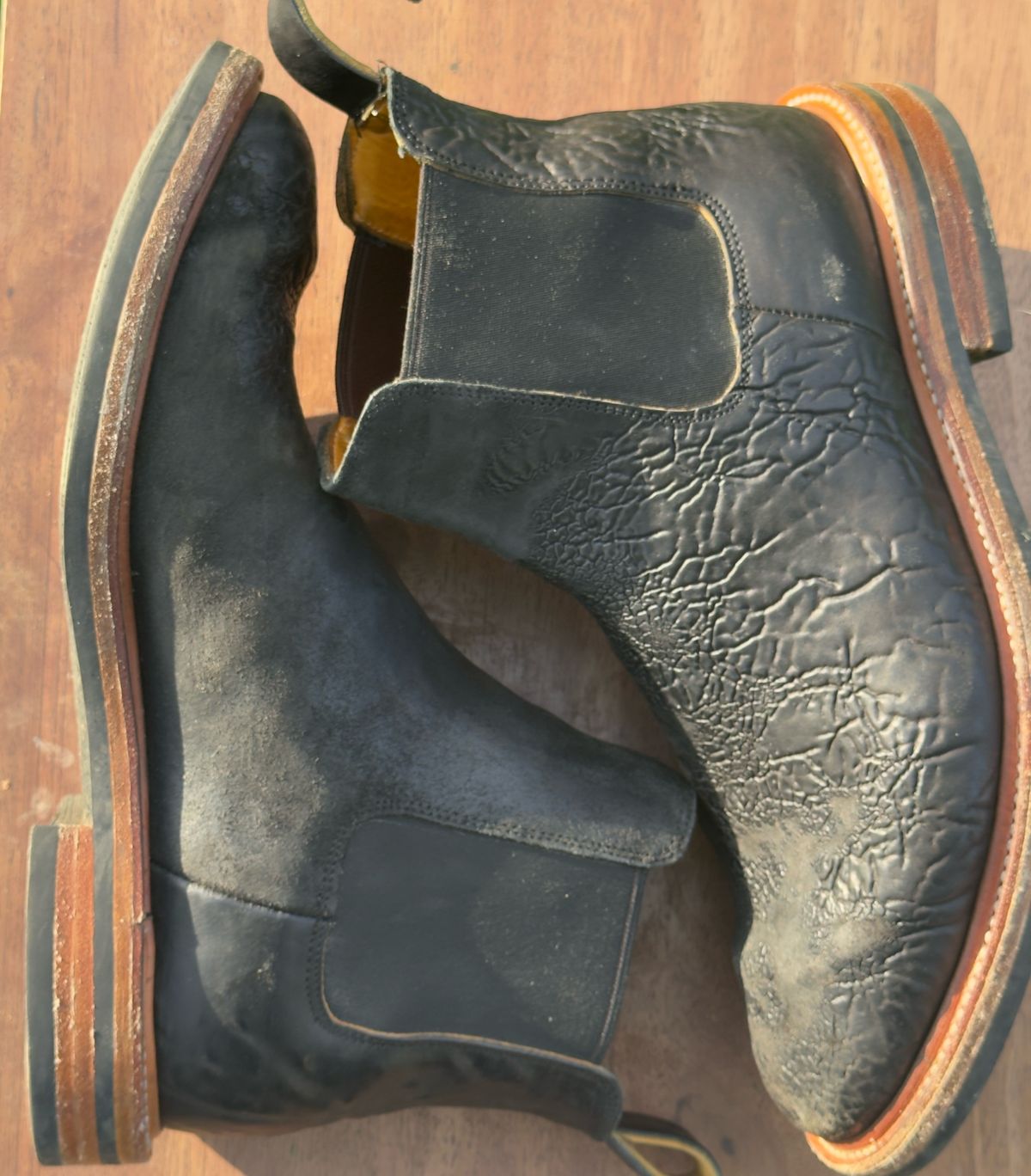 Photo by amaru_and_crow on February 5, 2026 of the Christian Daniel Fernando Chelsea in Maryam Hand Overdyed Mustard Horsebutt.