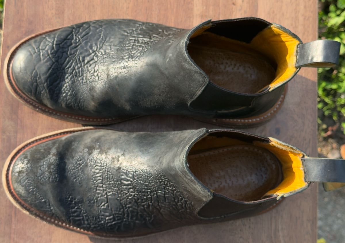 Photo by amaru_and_crow on February 5, 2026 of the Christian Daniel Fernando Chelsea in Maryam Hand Overdyed Mustard Horsebutt.