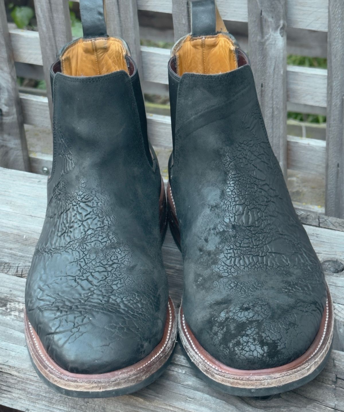 Photo by amaru_and_crow on March 3, 2026 of the Christian Daniel Fernando Chelsea in Maryam Hand Overdyed Mustard Horsebutt.