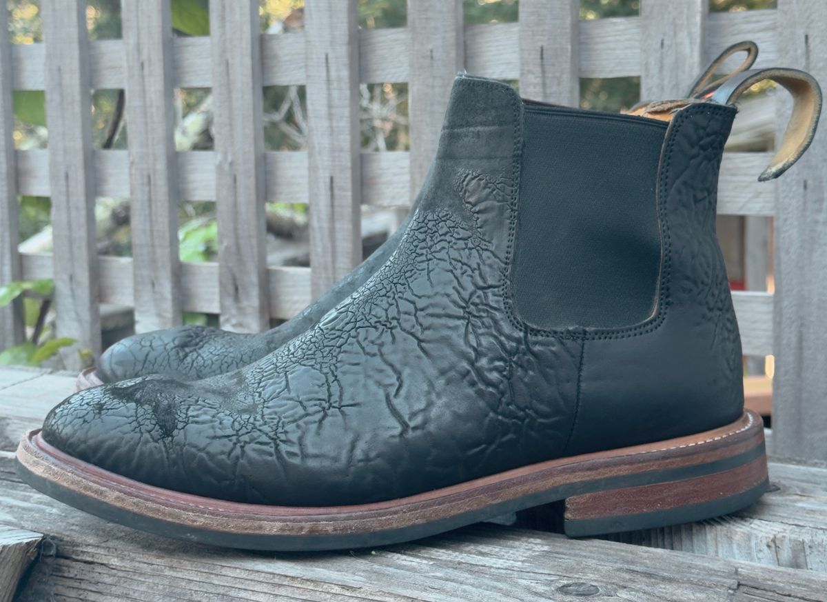 Photo by amaru_and_crow on March 3, 2026 of the Christian Daniel Fernando Chelsea in Maryam Hand Overdyed Mustard Horsebutt.