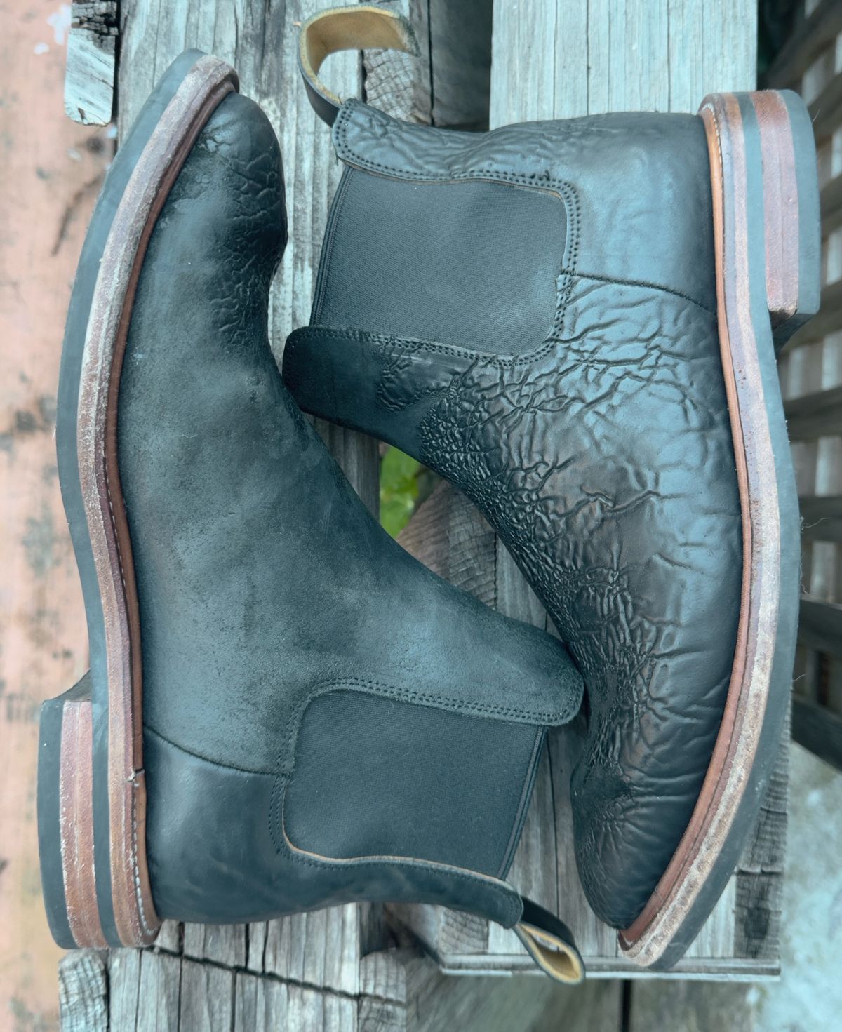 Photo by amaru_and_crow on March 3, 2026 of the Christian Daniel Fernando Chelsea in Maryam Hand Overdyed Mustard Horsebutt.