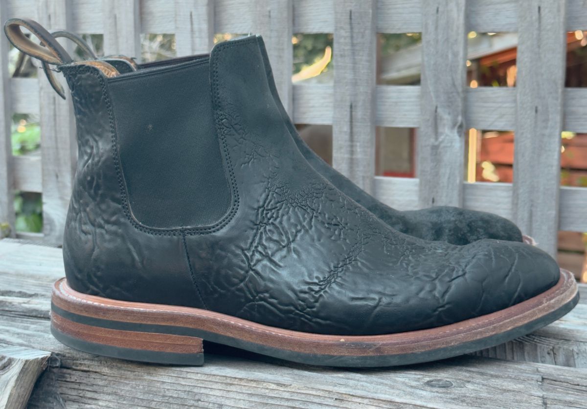 Photo by amaru_and_crow on March 3, 2026 of the Christian Daniel Fernando Chelsea in Maryam Hand Overdyed Mustard Horsebutt.