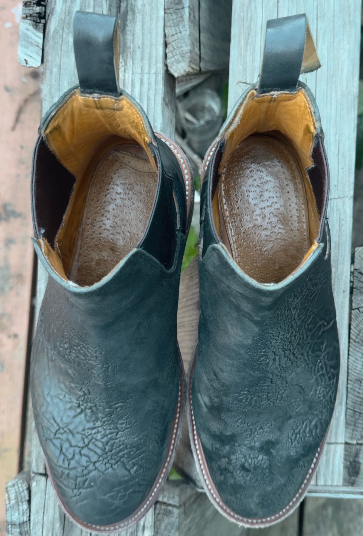 Photo by amaru_and_crow on March 3, 2026 of the Christian Daniel Fernando Chelsea in Maryam Hand Overdyed Mustard Horsebutt.