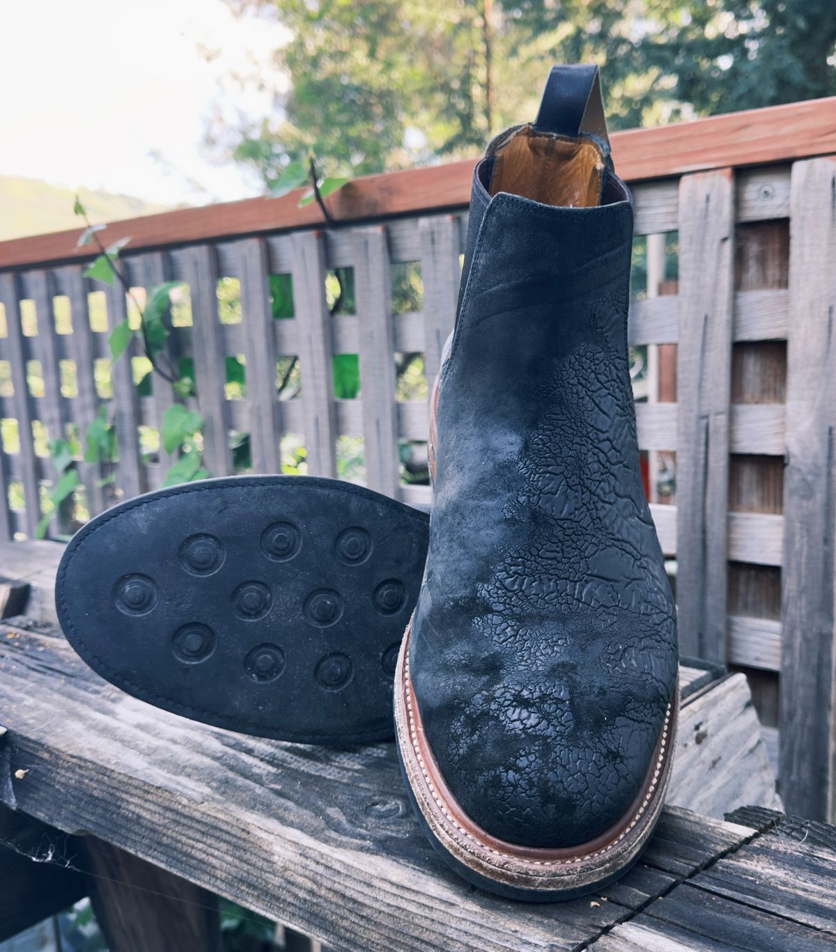 Photo by amaru_and_crow on April 2, 2026 of the Christian Daniel Fernando Chelsea in Maryam Hand Overdyed Mustard Horsebutt.