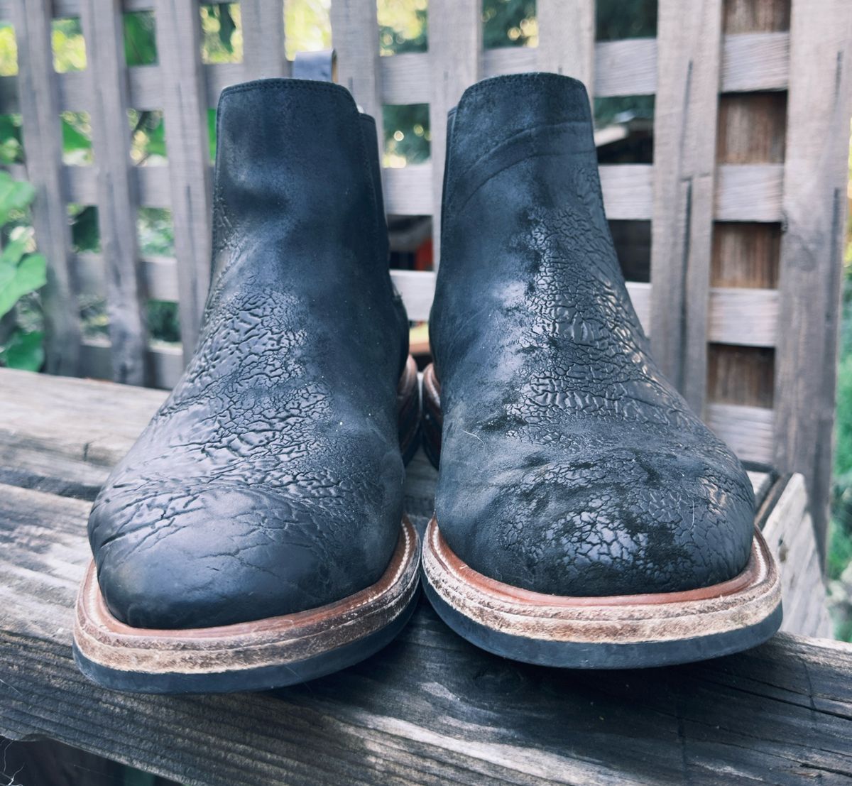 Photo by amaru_and_crow on April 2, 2026 of the Christian Daniel Fernando Chelsea in Maryam Hand Overdyed Mustard Horsebutt.