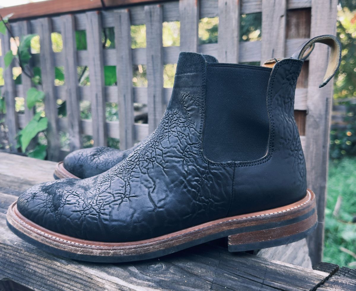 Photo by amaru_and_crow on April 2, 2026 of the Christian Daniel Fernando Chelsea in Maryam Hand Overdyed Mustard Horsebutt.