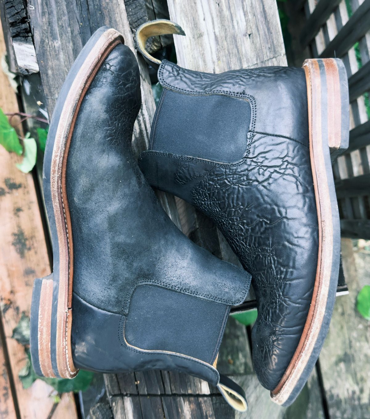 Photo by amaru_and_crow on April 2, 2026 of the Christian Daniel Fernando Chelsea in Maryam Hand Overdyed Mustard Horsebutt.