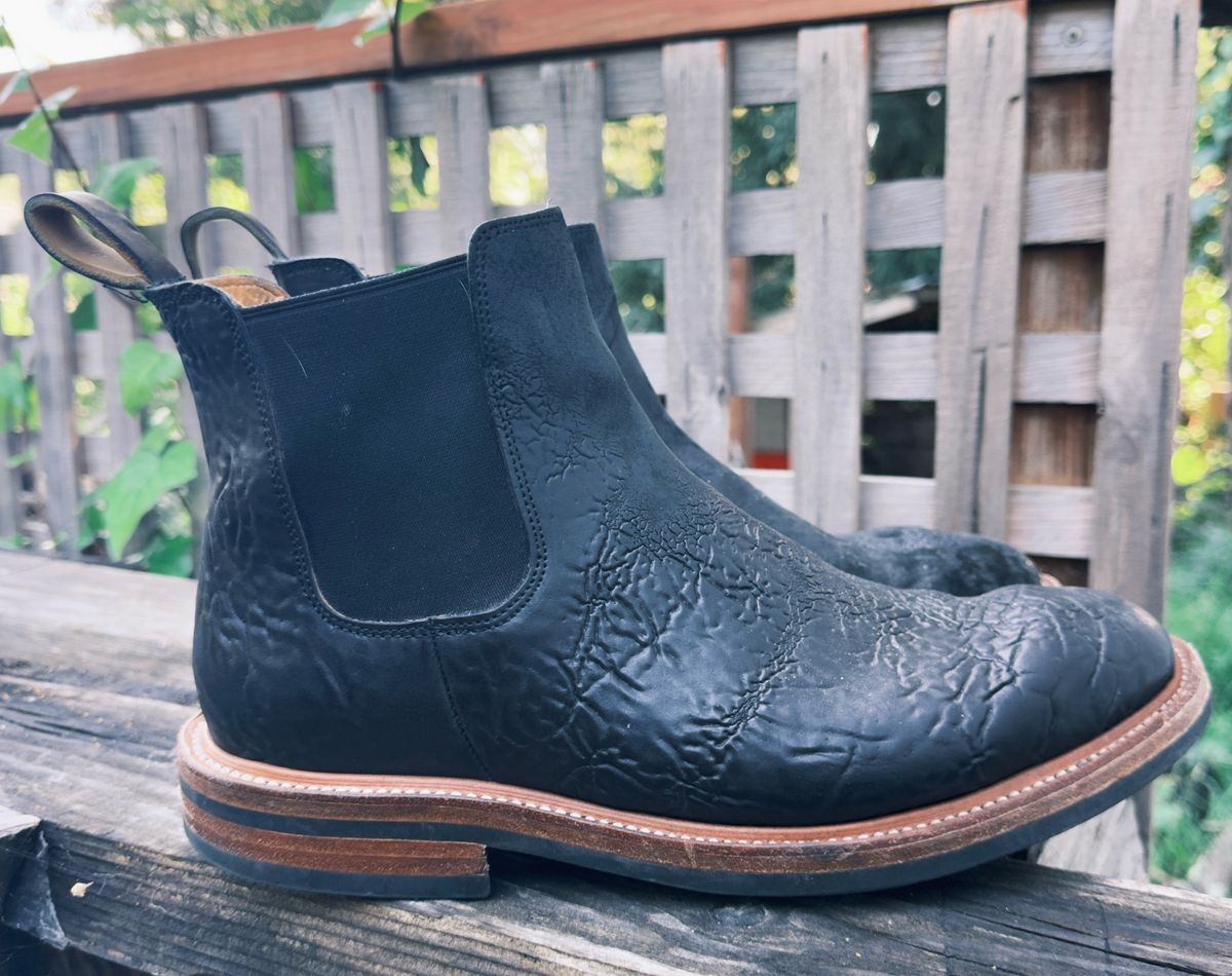 Photo by amaru_and_crow on April 2, 2026 of the Christian Daniel Fernando Chelsea in Maryam Hand Overdyed Mustard Horsebutt.