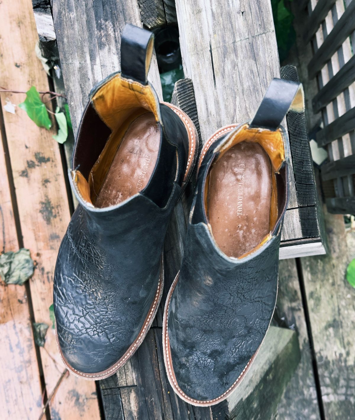 Photo by amaru_and_crow on April 2, 2026 of the Christian Daniel Fernando Chelsea in Maryam Hand Overdyed Mustard Horsebutt.