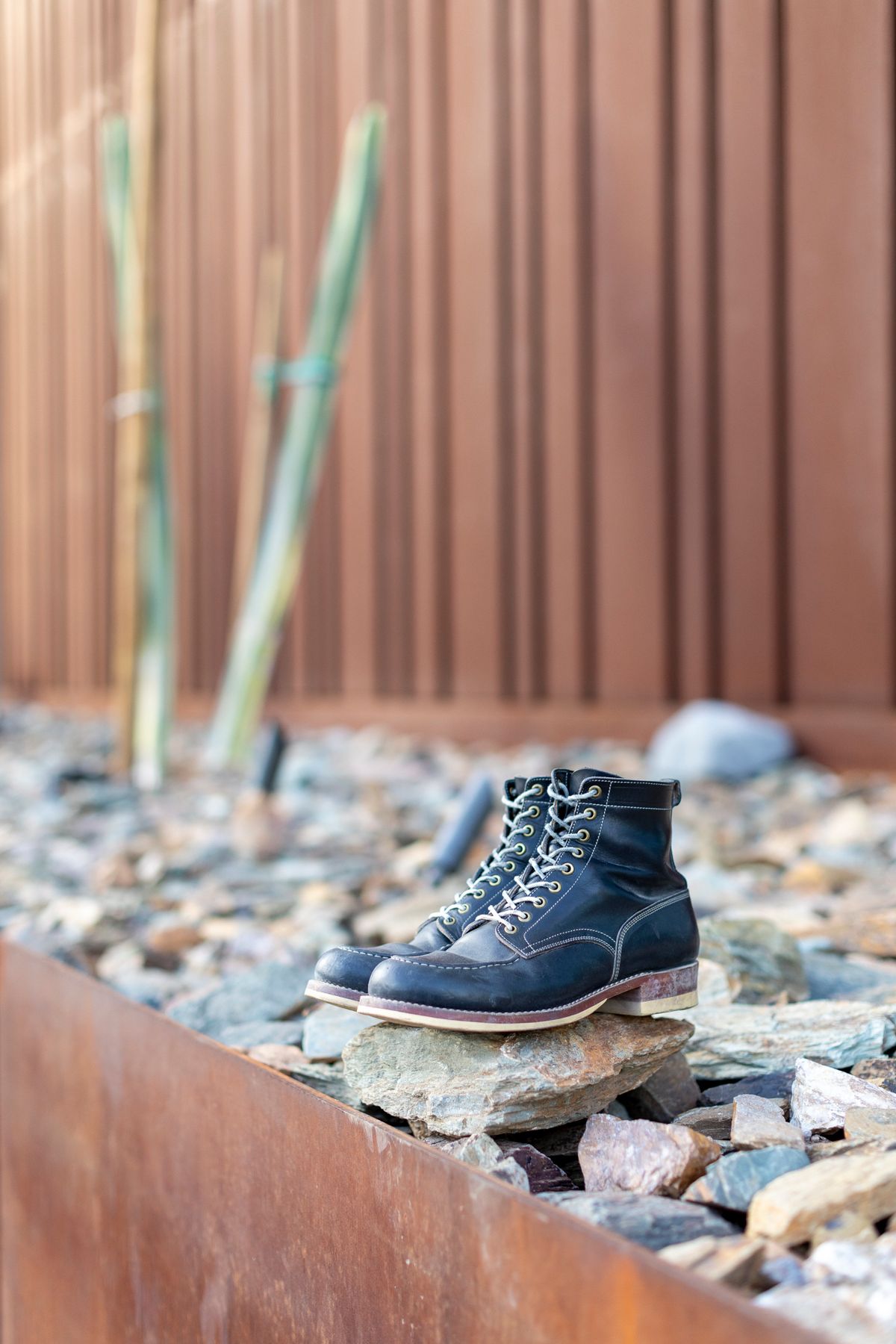 Photo by SBE2002 on December 4, 2023 of the Onderhoud x Stitchdown Moc Toe in Wickett & Craig Black Traditional Harness.