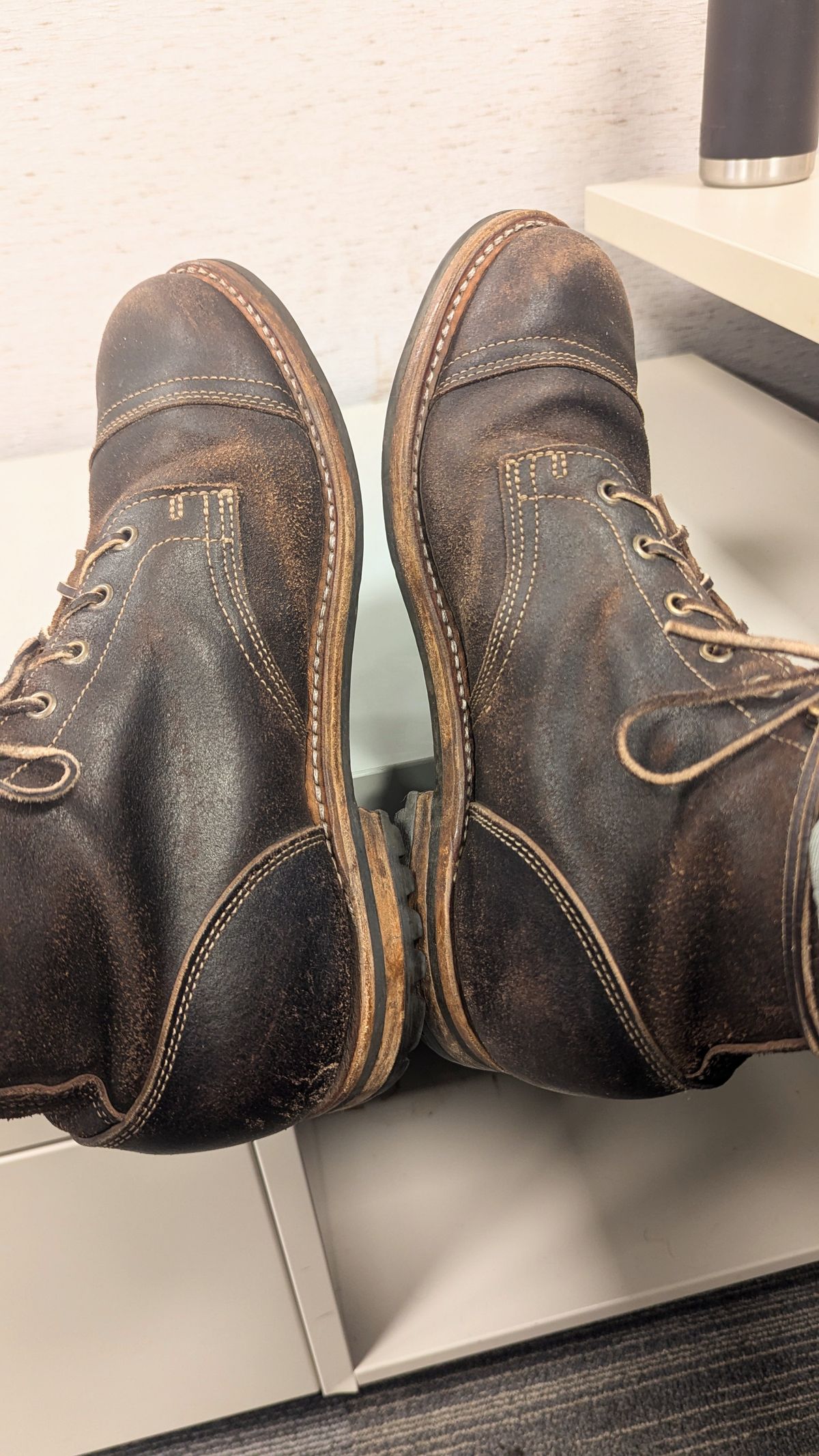 Photo by OnMyFeet on June 21, 2024 of the Truman Cap Toe Boot in Horween Java Waxed Flesh.