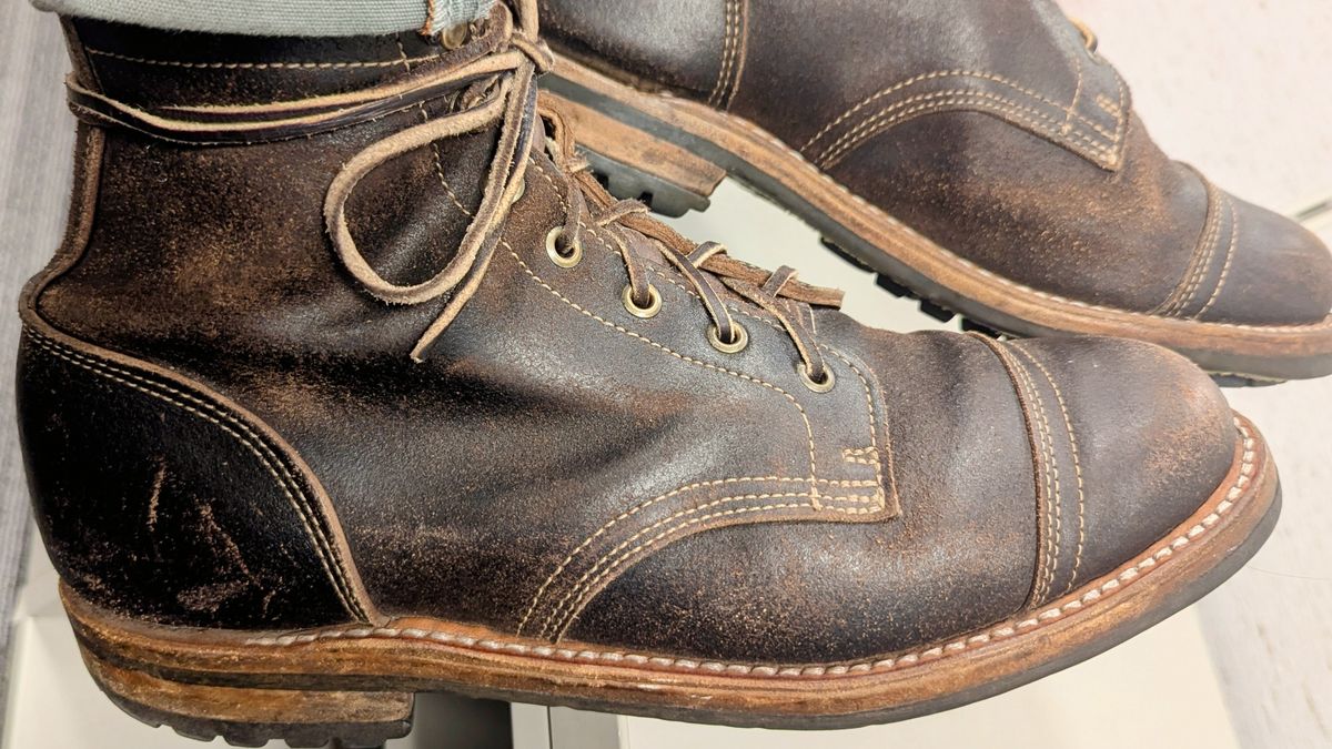 Photo by OnMyFeet on June 21, 2024 of the Truman Cap Toe Boot in Horween Java Waxed Flesh.