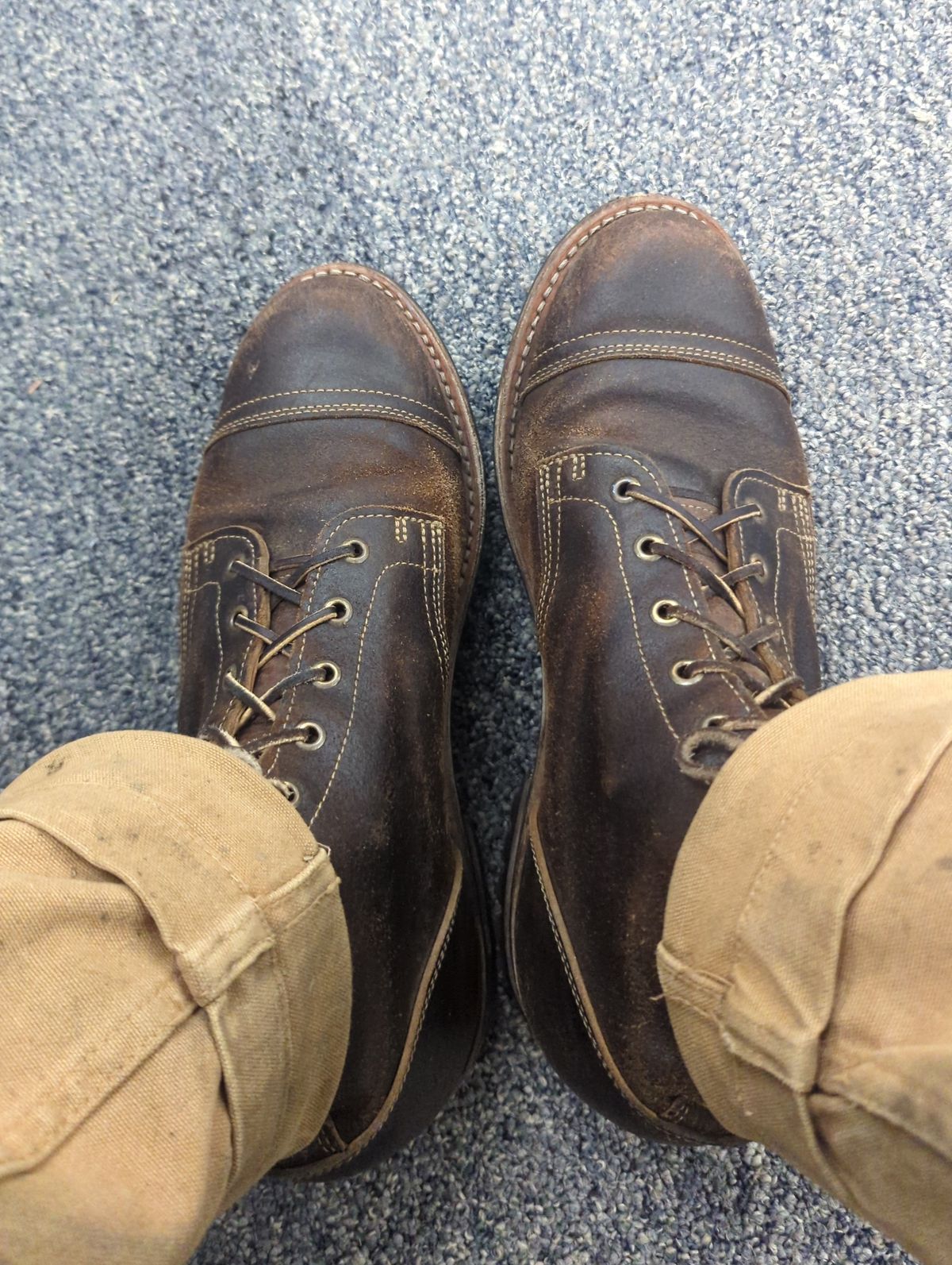 Photo by OnMyFeet on September 28, 2023 of the Truman Cap Toe Boot in Horween Java Waxed Flesh.