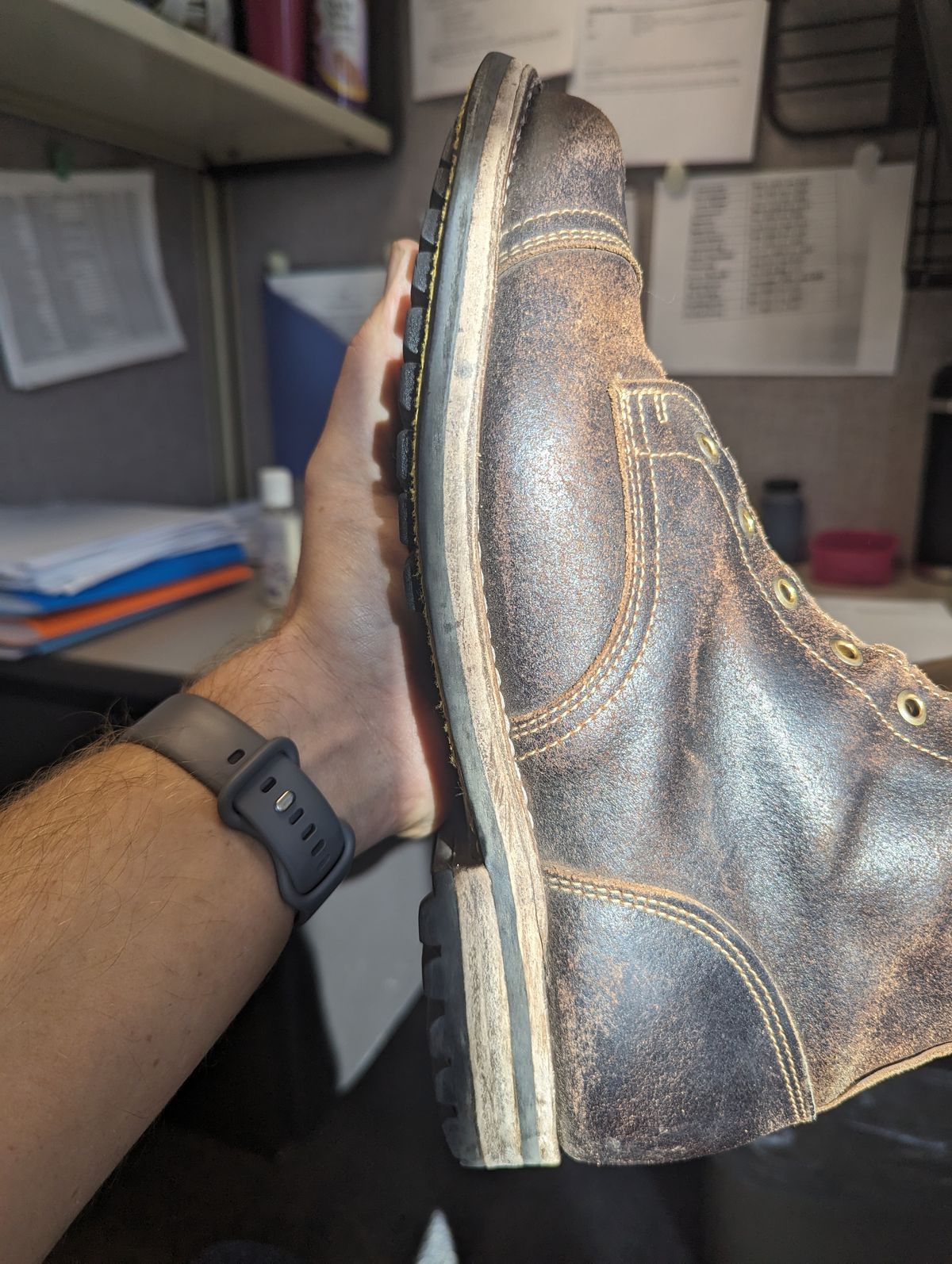 Photo by OnMyFeet on December 15, 2023 of the Truman Cap Toe Boot in Horween Java Waxed Flesh.