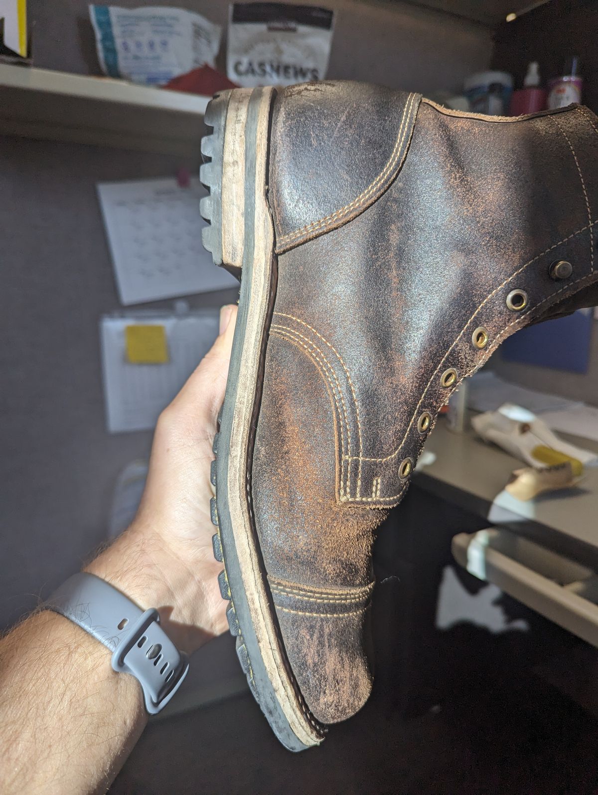 Photo by OnMyFeet on December 15, 2023 of the Truman Cap Toe Boot in Horween Java Waxed Flesh.