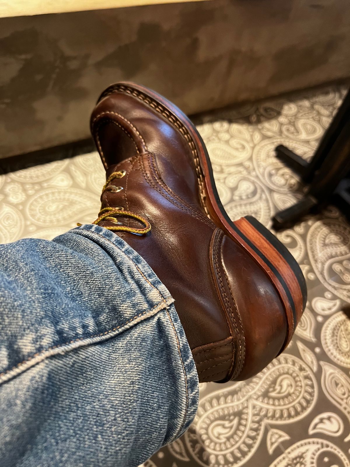 Photo by yulaathha on April 14, 2023 of the Nicks Moc Toe in Wickett & Craig Natural Veg Tan.