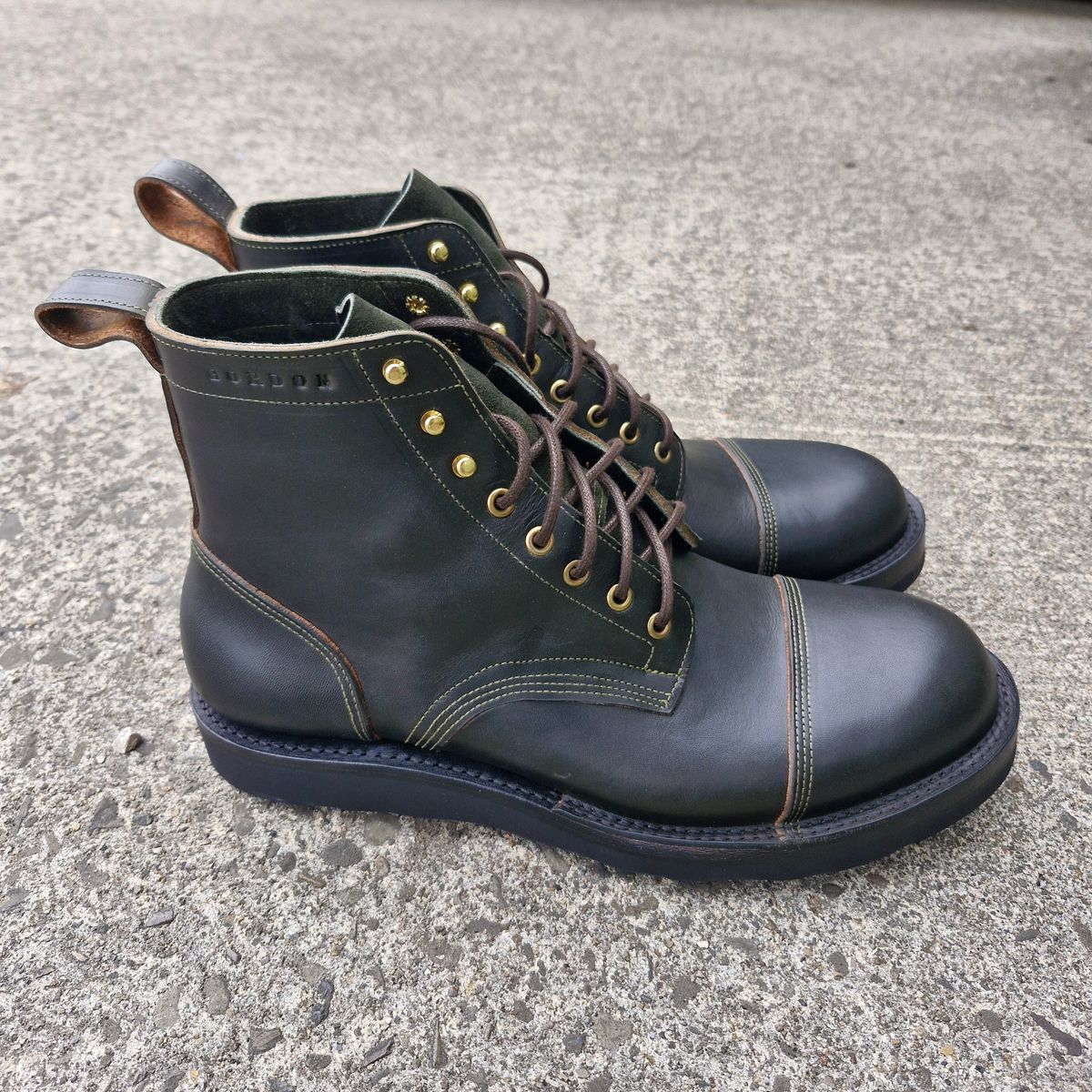 Photo by BCLEATHERGOODS on October 1, 2025 of the Bordon Tukano Boots in Wickett & Craig Olive Double Stuffed.