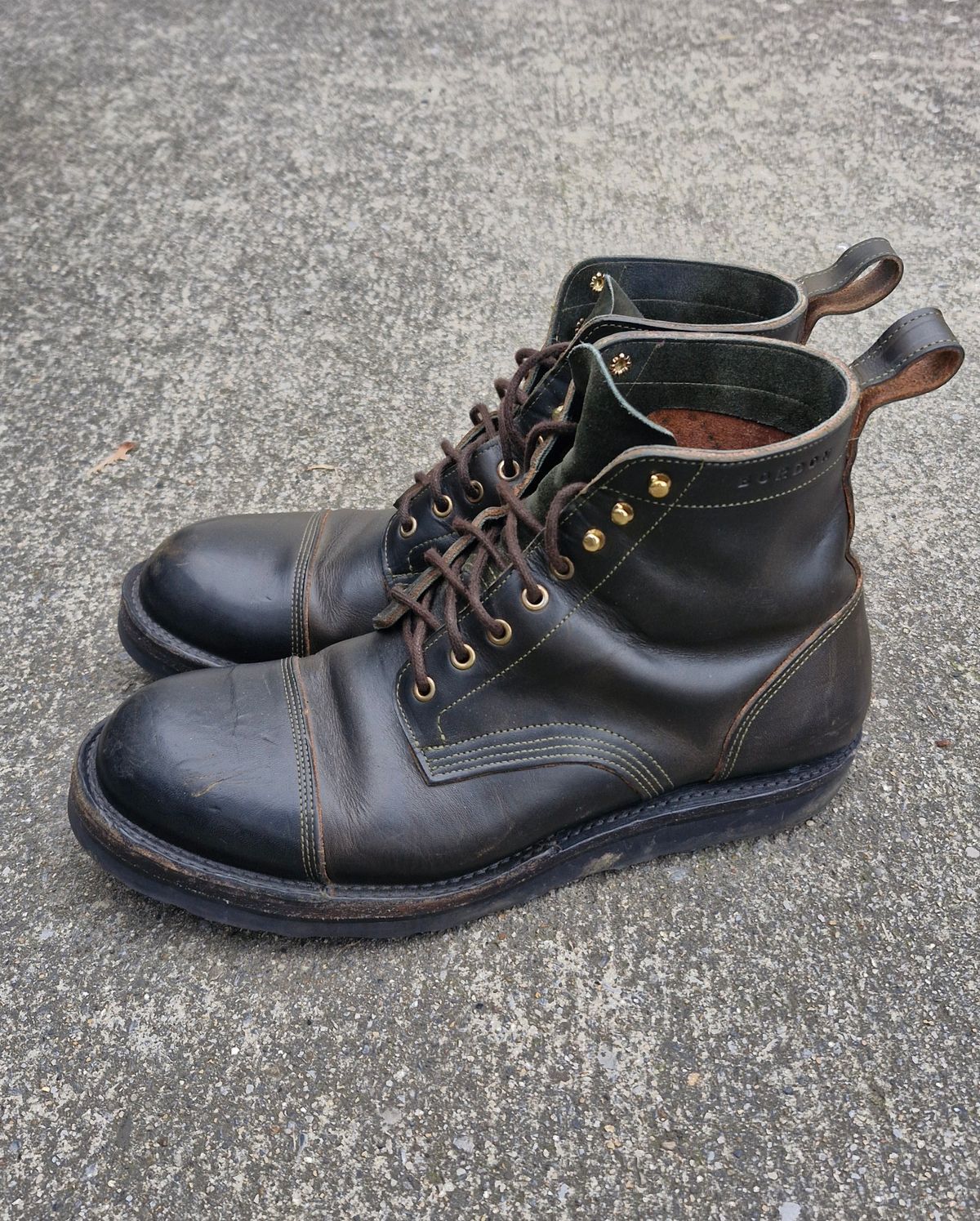 Photo by BCLEATHERGOODS on February 3, 2026 of the Bordon Tukano Boots in Wickett & Craig Olive Double Stuffed.