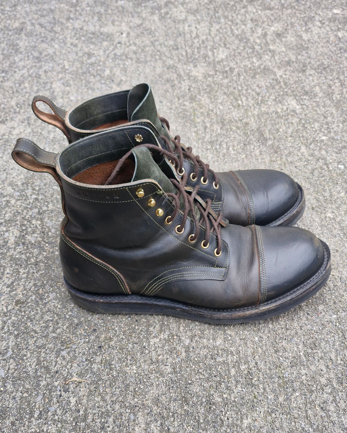 Photo by BCLEATHERGOODS on February 3, 2026 of the Bordon Tukano Boots in Wickett & Craig Olive Double Stuffed.