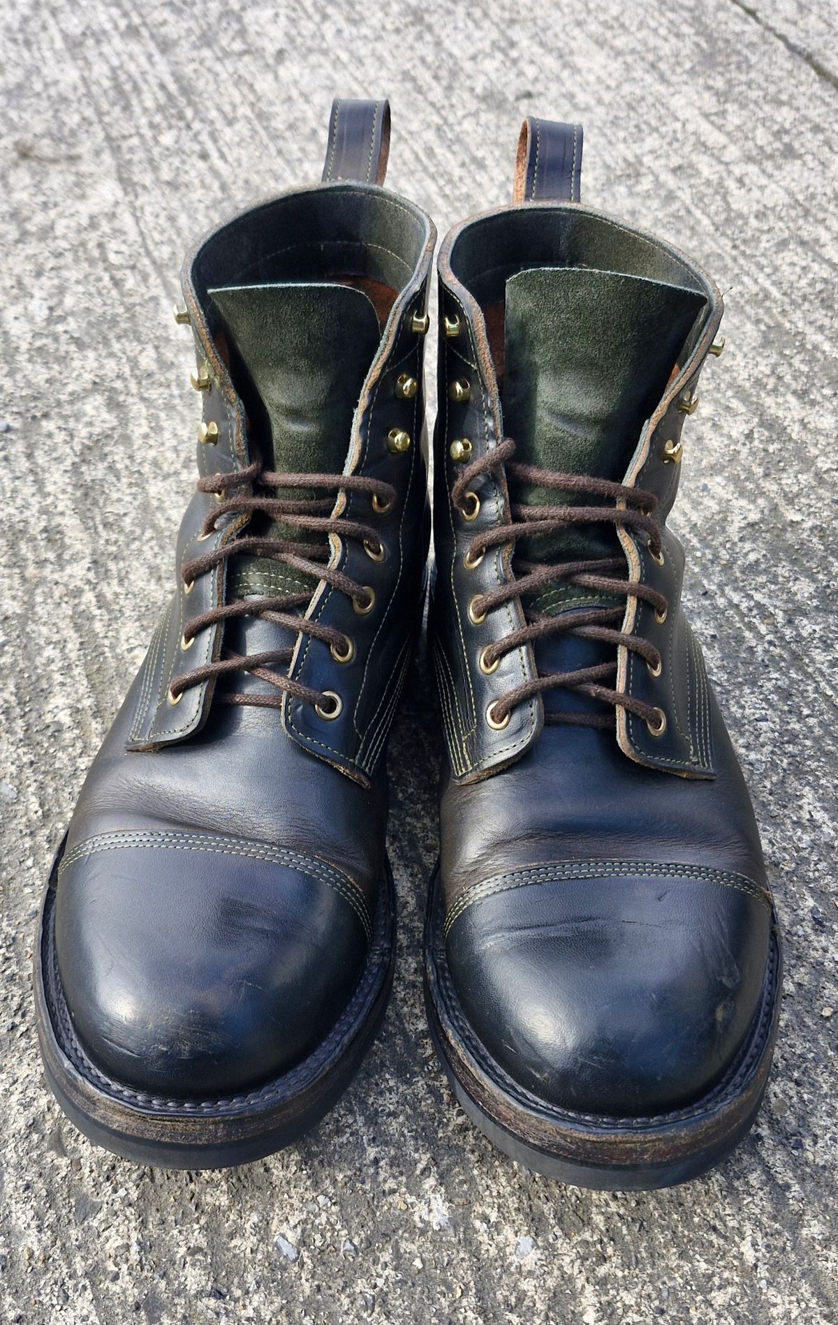 Photo by BCLEATHERGOODS on March 2, 2026 of the Bordon Tukano Boots in Wickett & Craig Olive Double Stuffed.