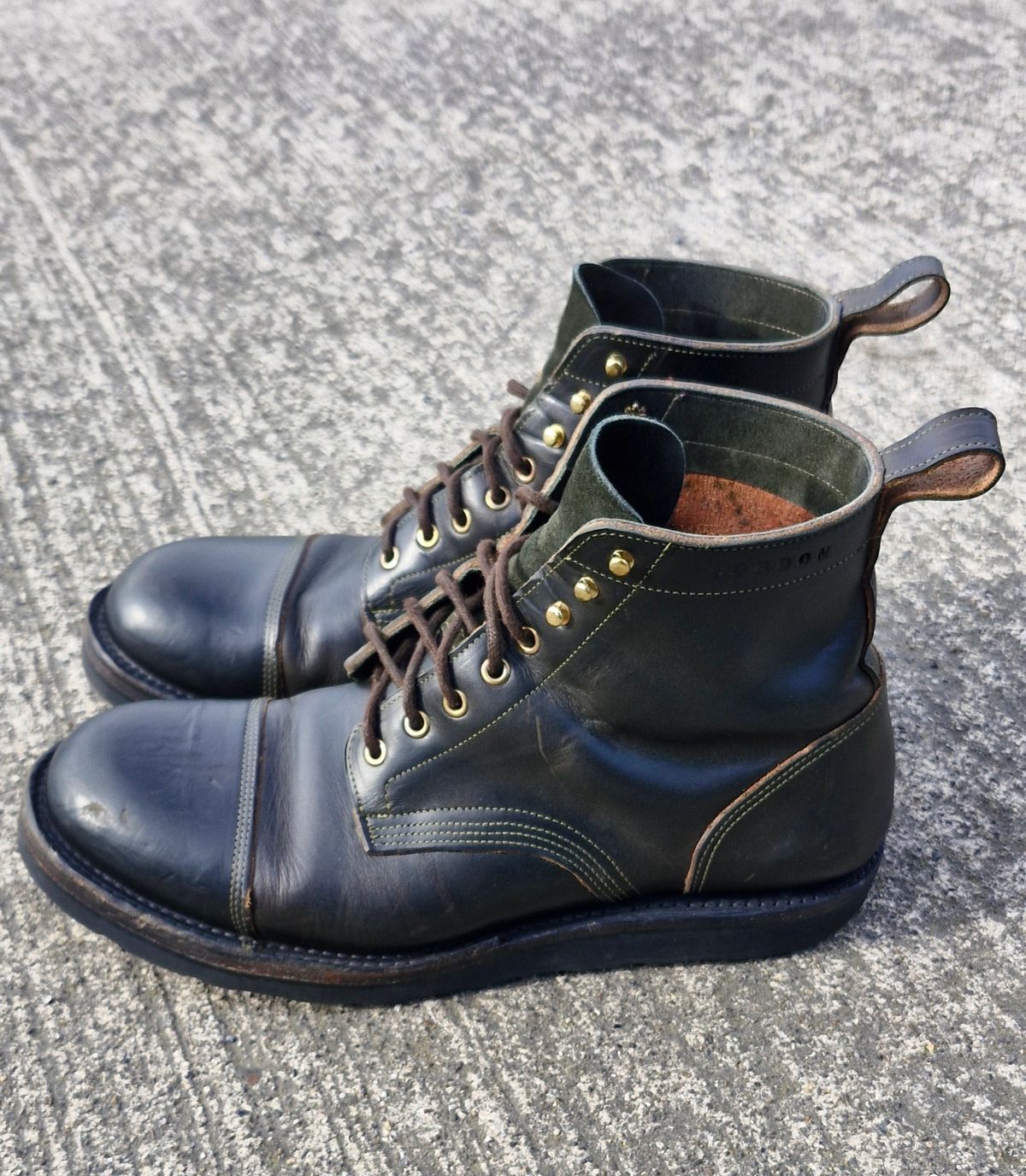 Photo by BCLEATHERGOODS on March 2, 2026 of the Bordon Tukano Boots in Wickett & Craig Olive Double Stuffed.