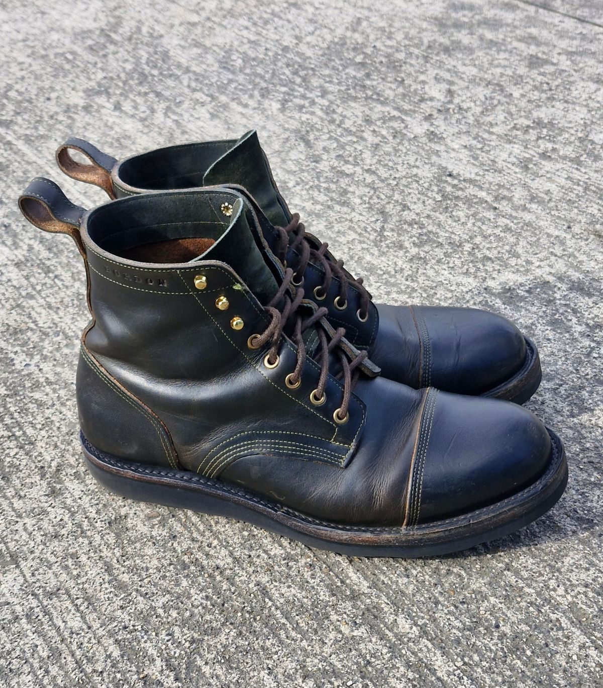 Photo by BCLEATHERGOODS on March 2, 2026 of the Bordon Tukano Boots in Wickett & Craig Olive Double Stuffed.