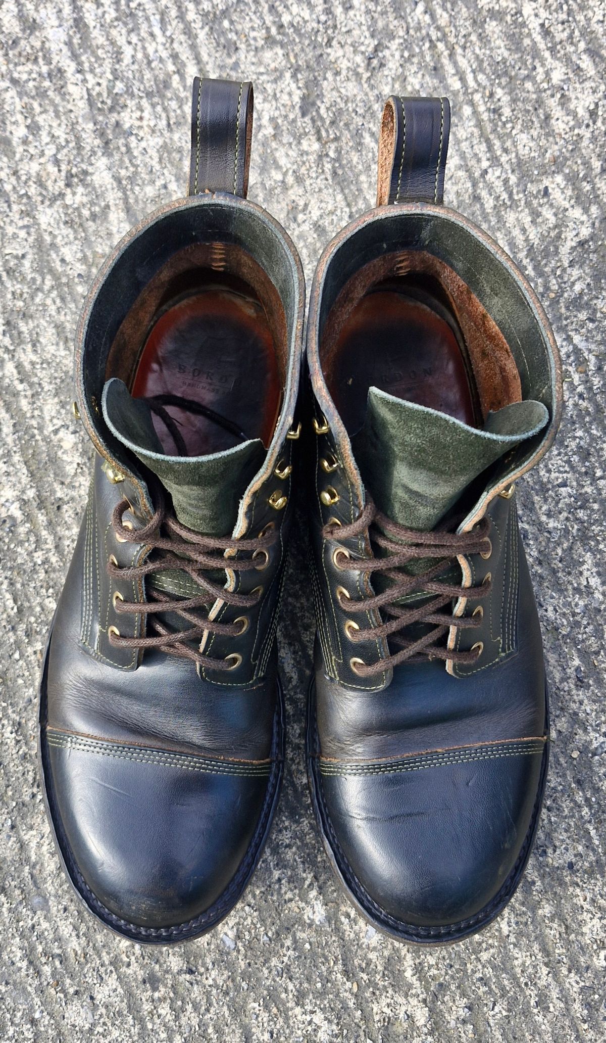Photo by BCLEATHERGOODS on March 2, 2026 of the Bordon Tukano Boots in Wickett & Craig Olive Double Stuffed.