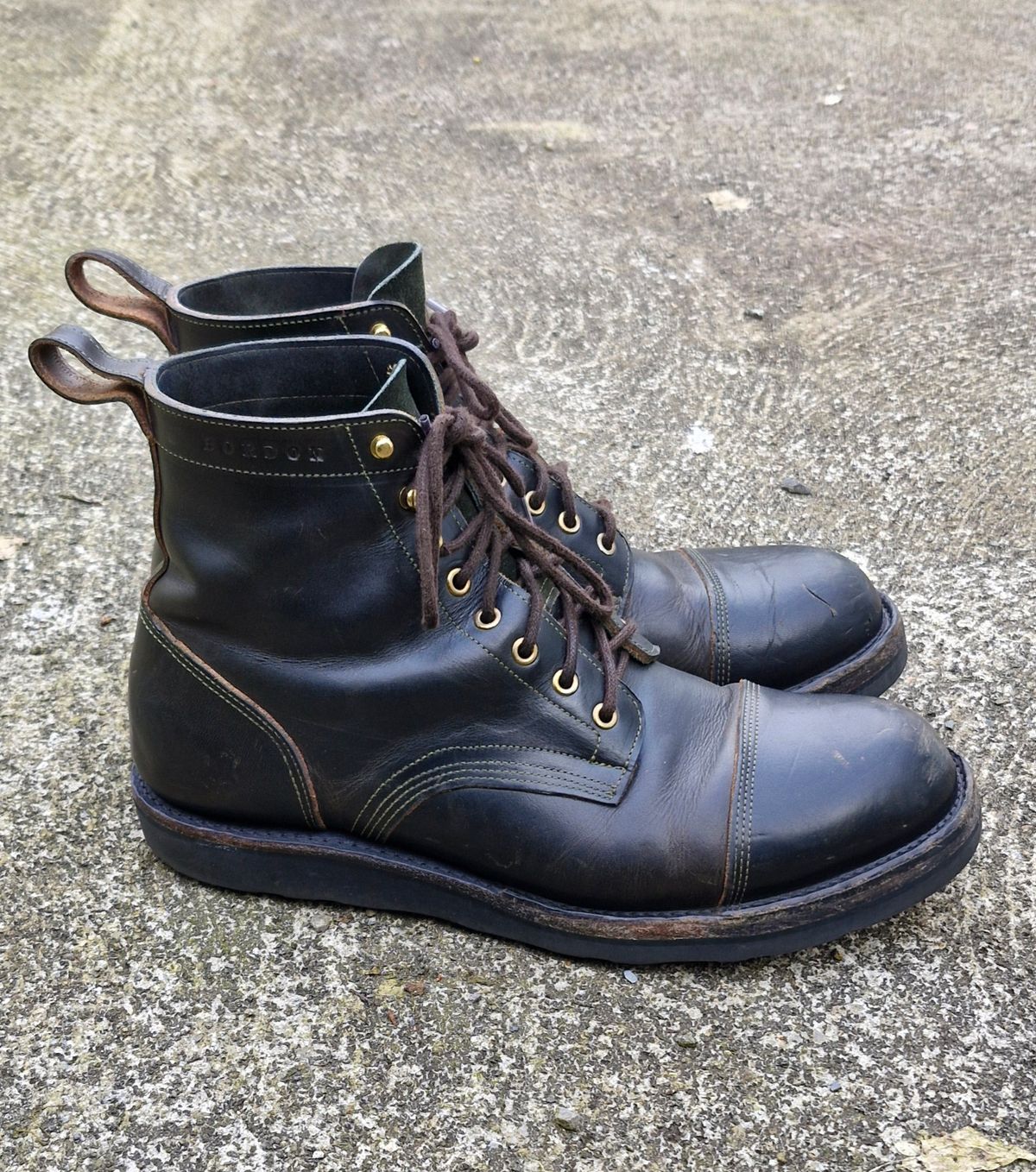 Photo by BCLEATHERGOODS on April 2, 2026 of the Bordon Tukano Boots in Wickett & Craig Olive Double Stuffed.