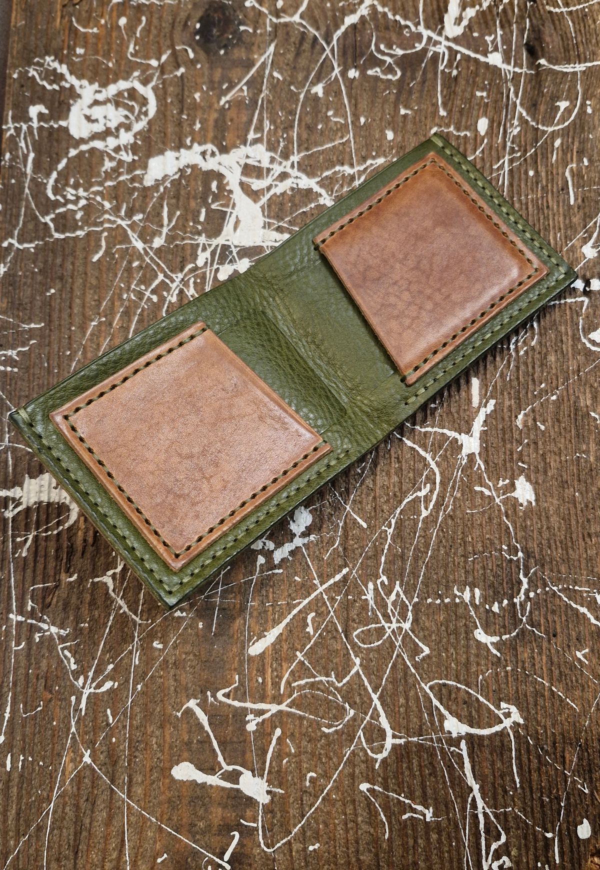 Photo by BCLEATHERGOODS on December 5, 2025 of the BCLeathergoods Wallet in Horween Natural Dublin & Badalassi Carlo Olive Green Minerva.