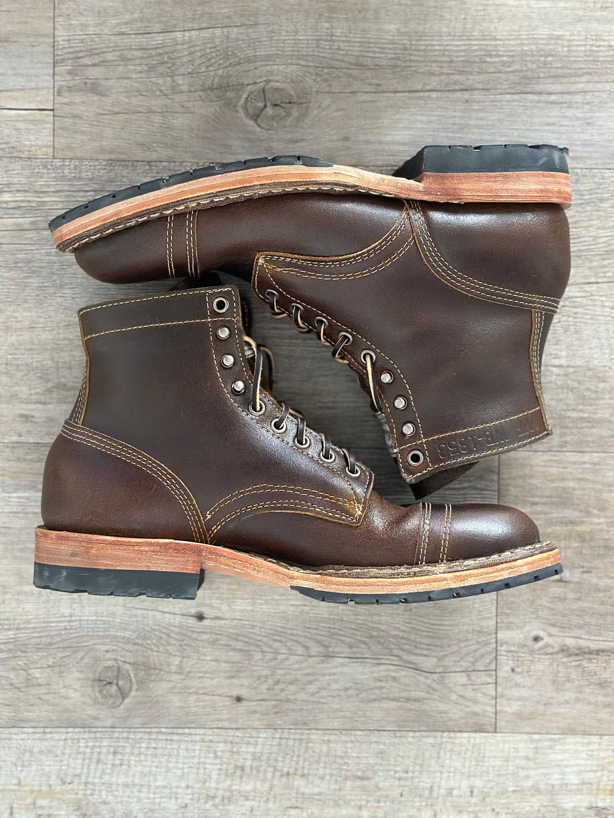 Photo by watch_gabe on October 11, 2023 of the White's MP-Sherman Toe Cap in Horween Cinnamon Waxed Flesh.