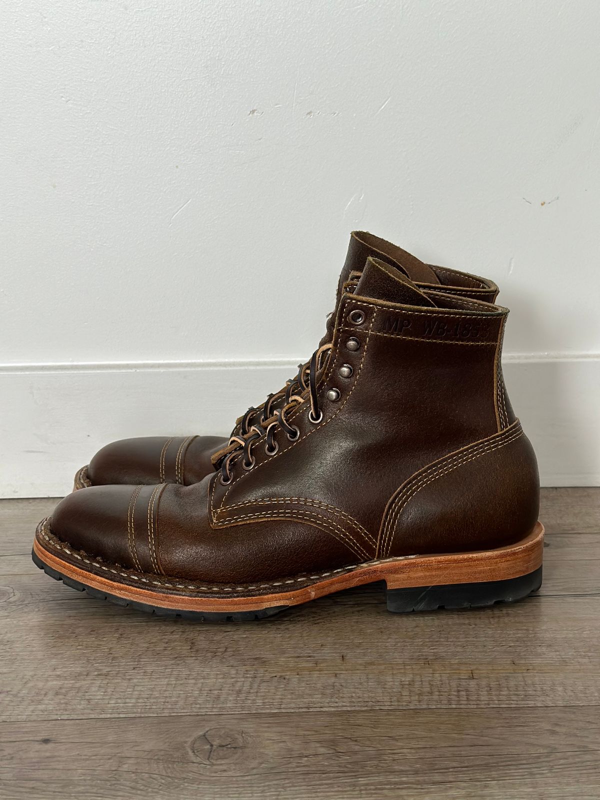 Photo by watch_gabe on October 11, 2023 of the White's MP-Sherman Toe Cap in Horween Cinnamon Waxed Flesh.