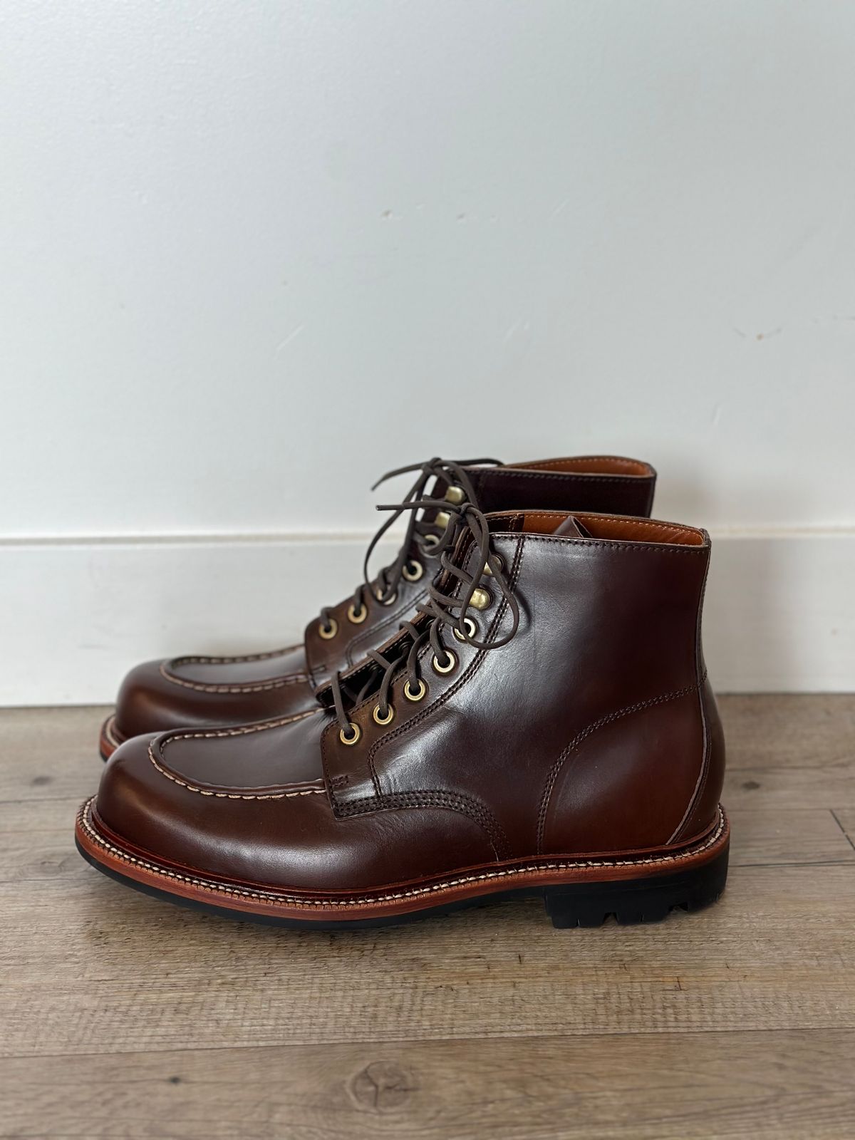 Photo by watch_gabe on November 8, 2023 of the Grant Stone Brass Boot in Horween Crimson Chromexcel.