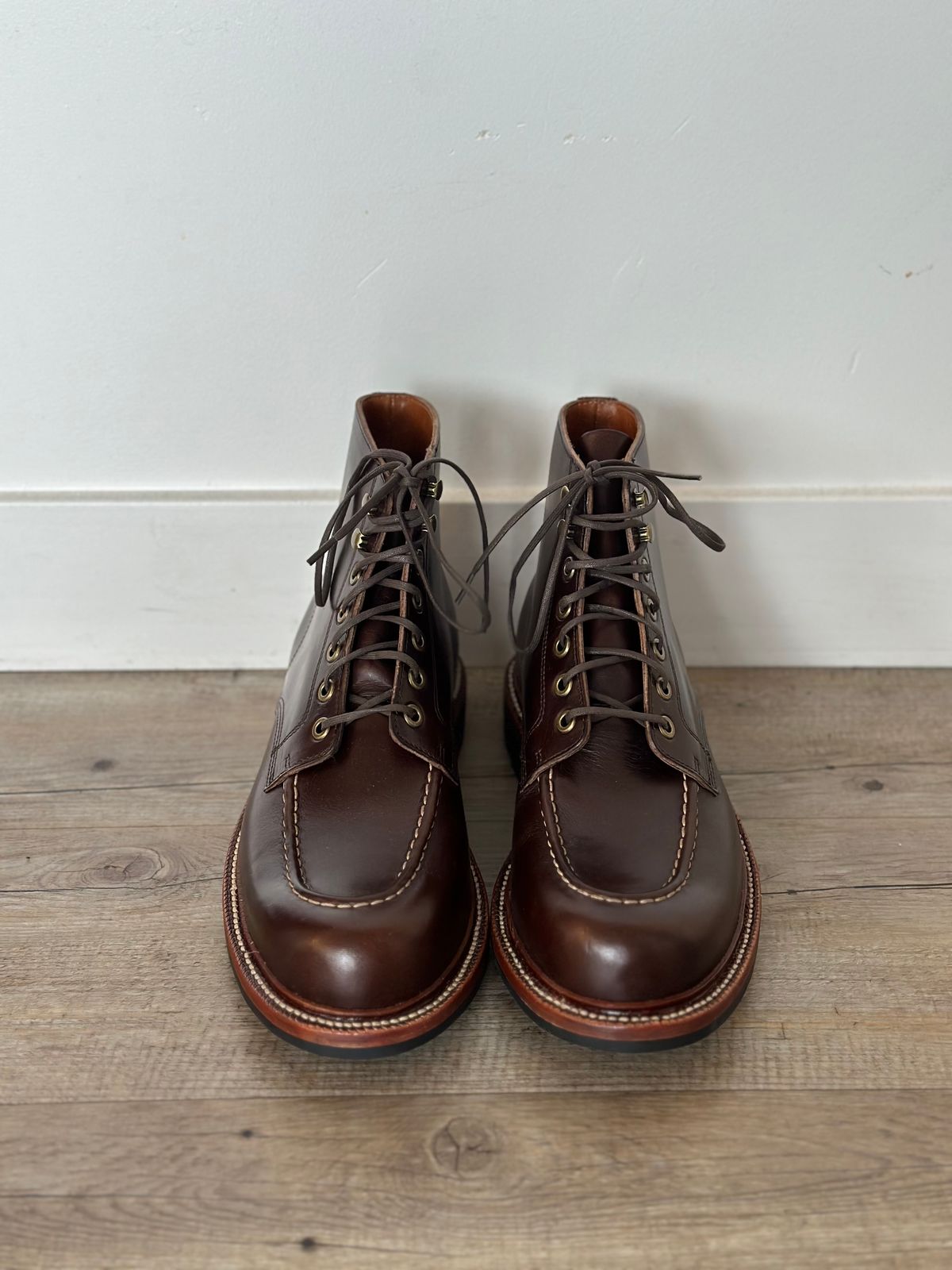 Photo by watch_gabe on November 8, 2023 of the Grant Stone Brass Boot in Horween Crimson Chromexcel.