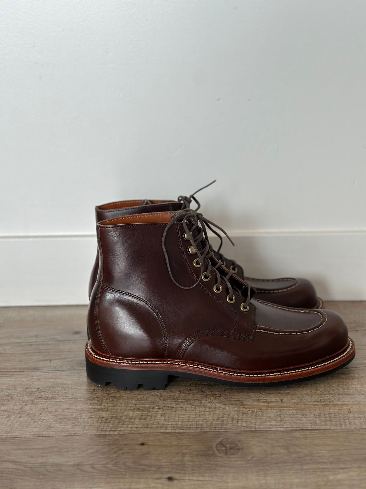 Photo by watch_gabe on November 8, 2023 of the Grant Stone Brass Boot in Horween Crimson Chromexcel.