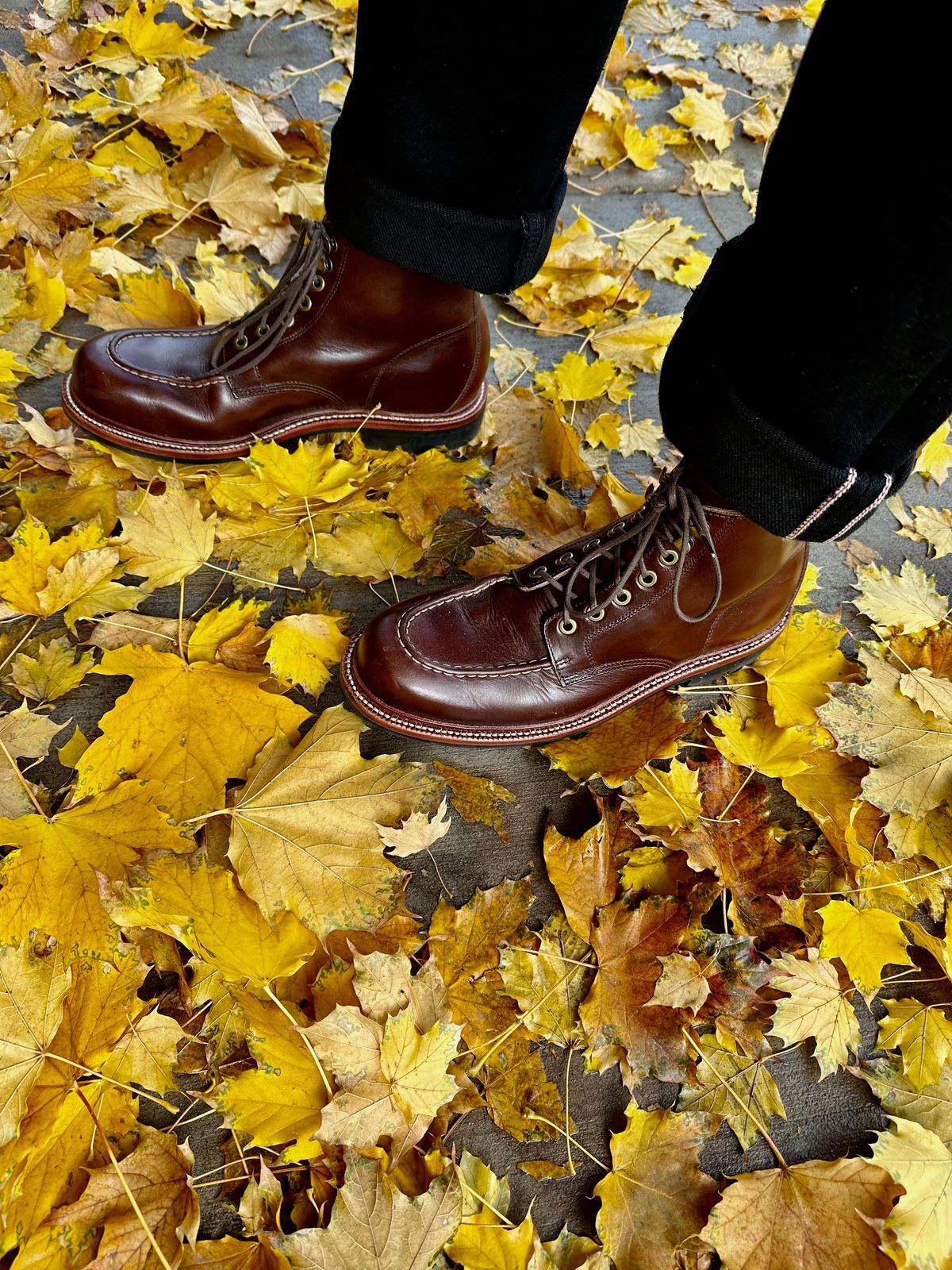 Photo by watch_gabe on November 16, 2023 of the Grant Stone Brass Boot in Horween Crimson Chromexcel.
