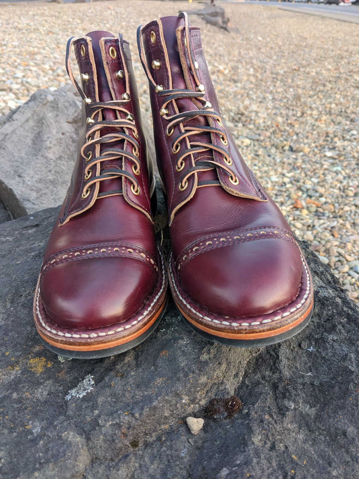 Photo by patinamindset on October 2, 2022 of the White's MP-Sherman Toe Cap in Horween Burgundy Chromexcel.