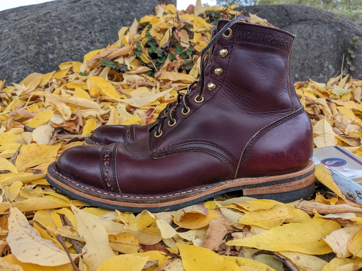Photo by patinamindset on November 6, 2022 of the White's MP-Sherman Toe Cap in Horween Burgundy Chromexcel.