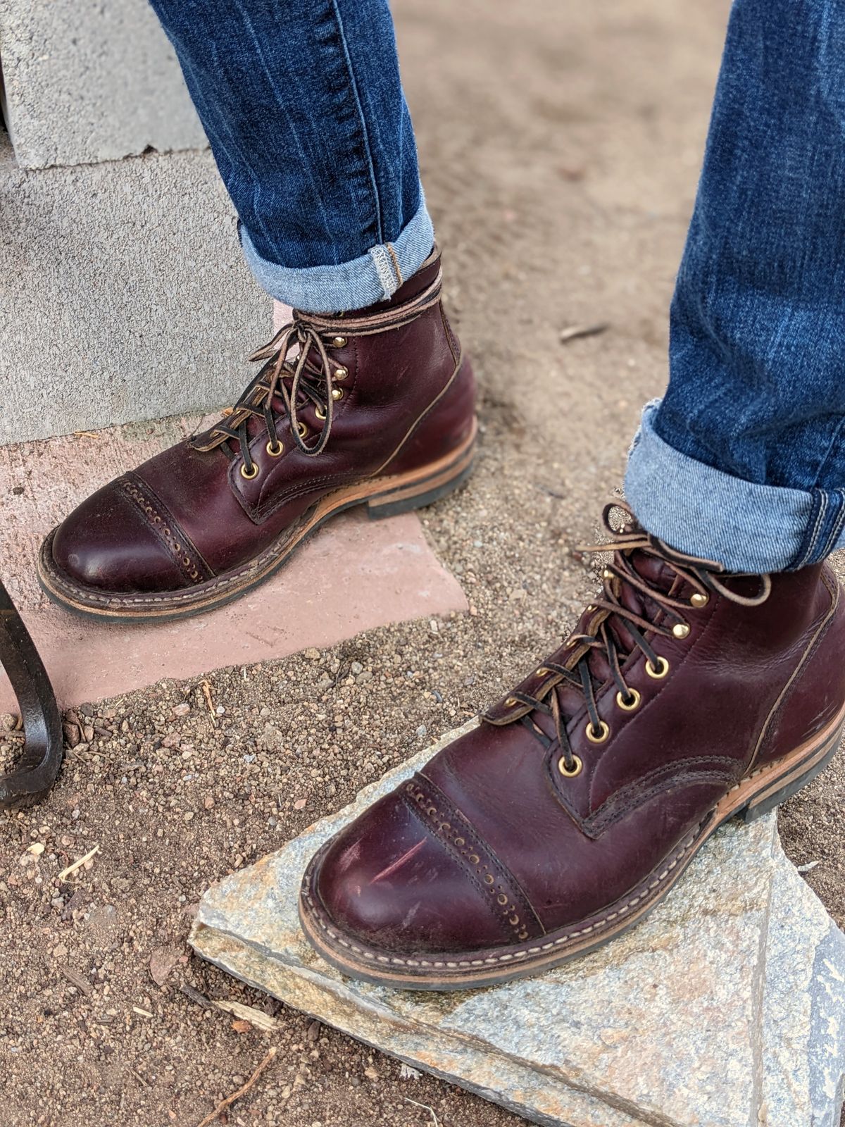 Photo by patinamindset on December 5, 2022 of the White's MP-Sherman Toe Cap in Horween Burgundy Chromexcel.