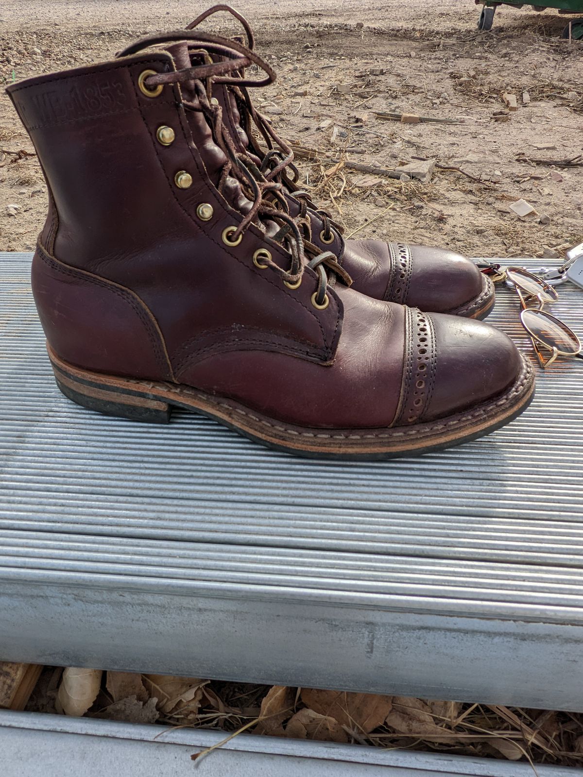 Photo by patinamindset on December 5, 2022 of the White's MP-Sherman Toe Cap in Horween Burgundy Chromexcel.